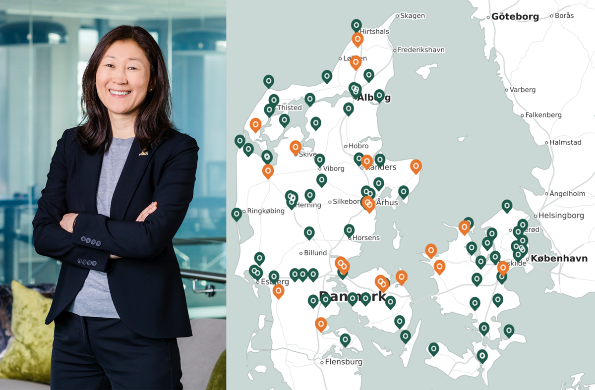 Administrerende direktør i AKA, Jane K. Gravbråten, ser oppkjøpet som et viktig steg i selskapets langsiktige satsing i Danmark. De oransje markørene viser de nye eiendommene i den danske porteføljen.