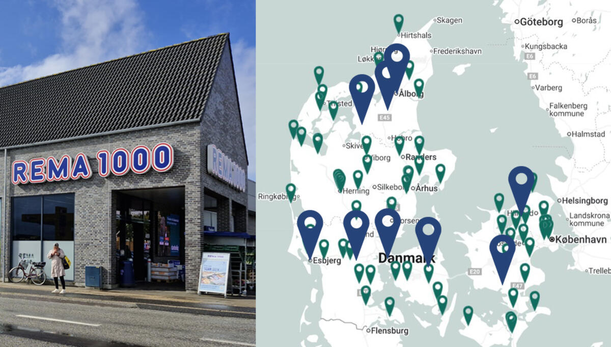 Hobrovej 56 i Støvring er blant eiendommene AKA og DK Retail Invest overtar 1. oktober. De 9 nye eiendommenes beliggenheter er markert med blått i kartet. 